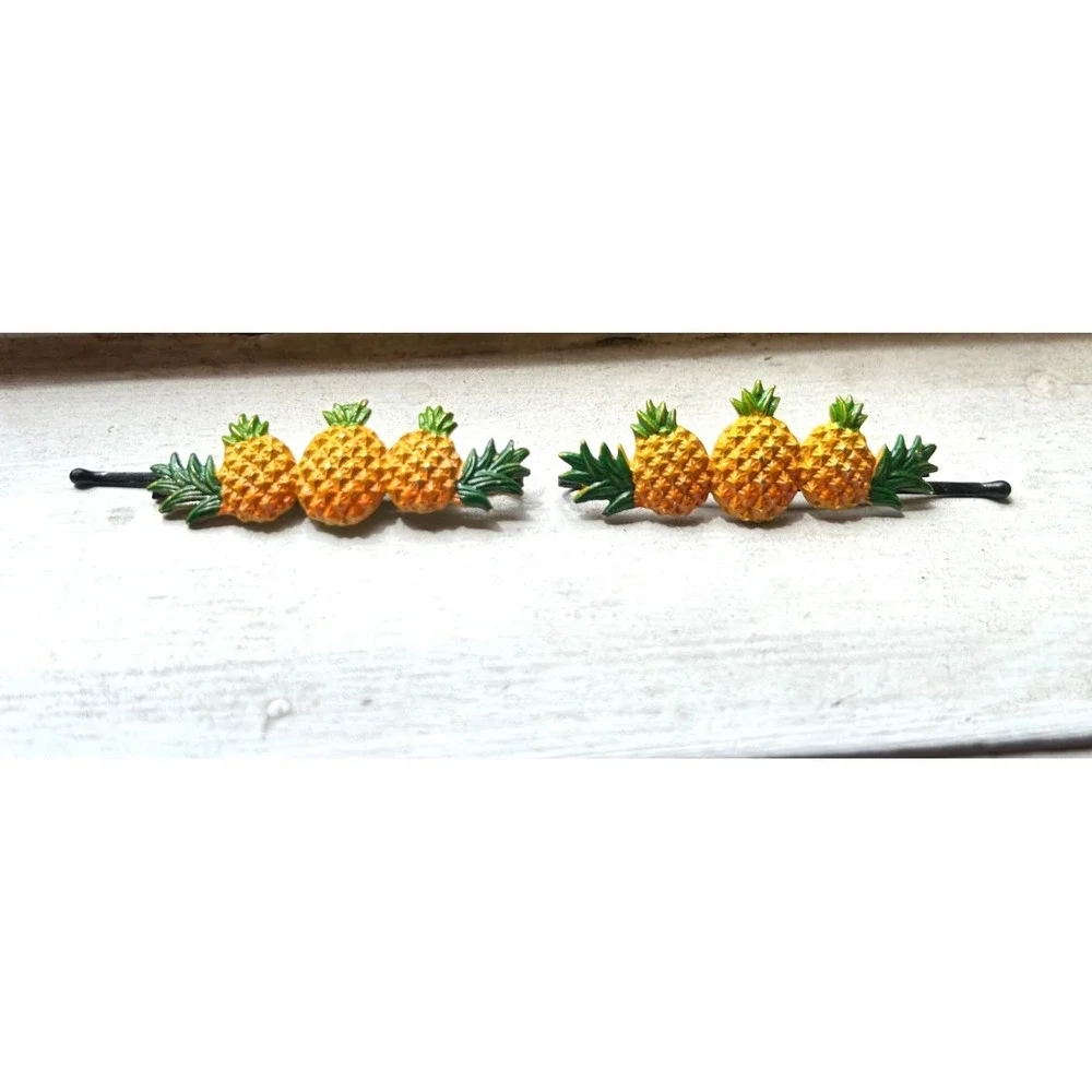 Vintage Enameled Pineapple Hair Clips Matching Pair 2 Row Bobby Pin Retro VGUC